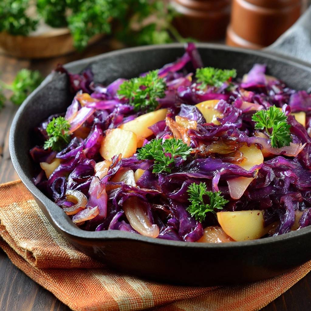 Apfel Rotkohl In Pfanne Garniert 1 Rustikaler Apfel-Rotkohl in einer gusseisernen Pfanne, garniert mit frischer Petersilie, nahaufnahme
