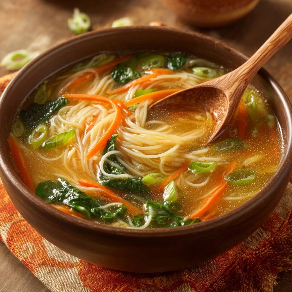 Asiatische Gemuese Reisnudelsuppe Nahaufnahme Holzloeffel 1 Asiatische Gemüse-Reisnudelsuppe mit einem Holzkochlöffel, der Nudeln und Gemüse aus der Schüssel hebt.