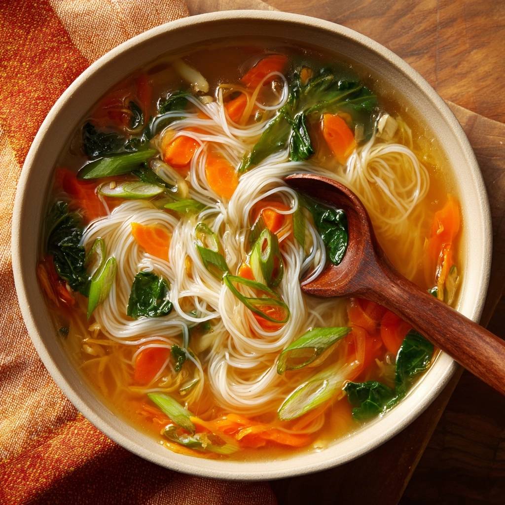 Asiatische Gemüse-Reisnudelsuppe mit einem Holzloeffel in einer Schale, Nahaufnahme der Nudeln und Gemuesestuecke.