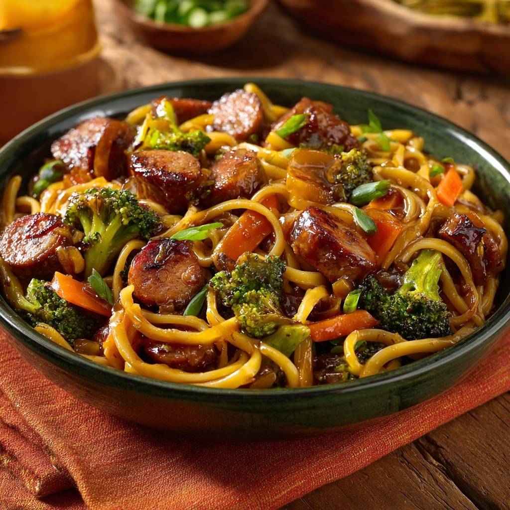 Asiatische Wurst-Nudel-Pfanne als Nahaufnahme mit saftigen Wurststücken und frischem Brokkoli in einer Schüssel serviert.