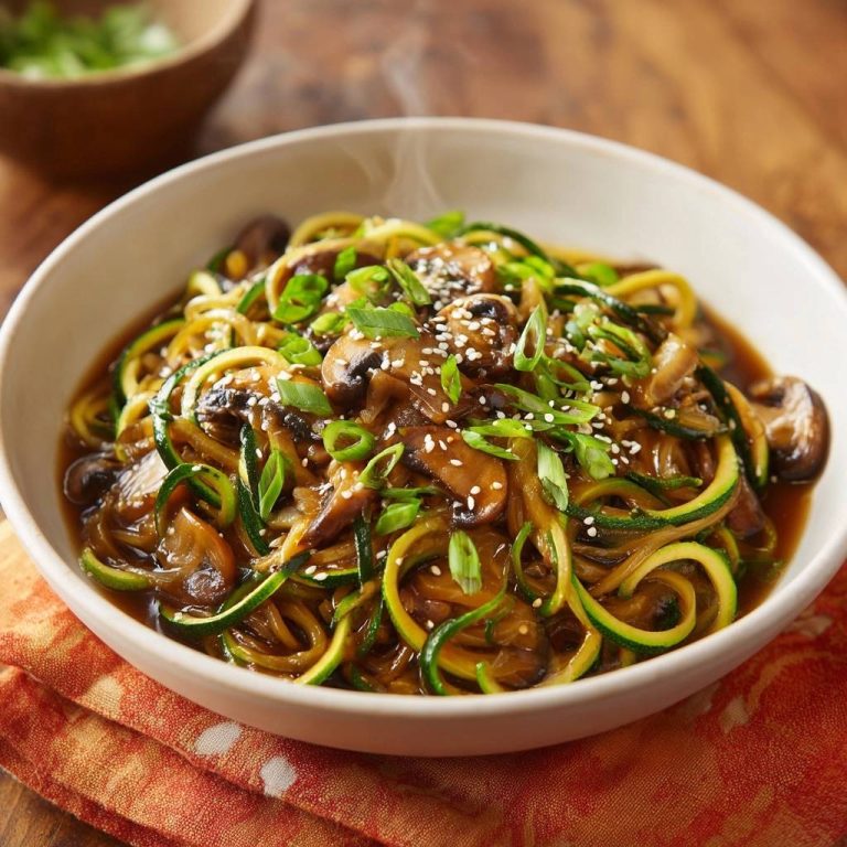 Asiatische Zucchini-Pilz-Nudeln garniert mit Sesam und Frühlingszwiebeln in einer Schüssel