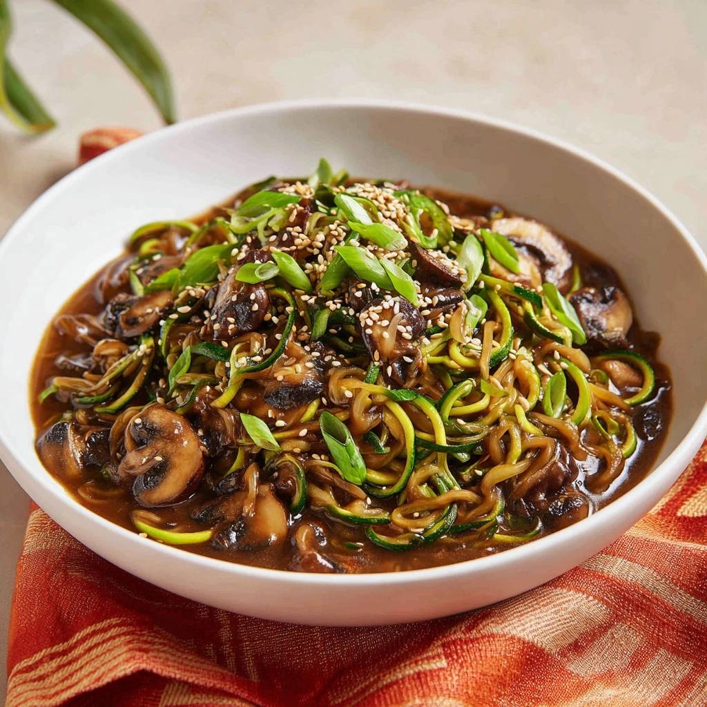 Asiatische Zucchini Pilz Nudeln Garniert 1 Asiatische Zucchini-Pilz-Nudeln mit Frühlingszwiebeln und Sesam garniert in einer weißen Schüssel serviert