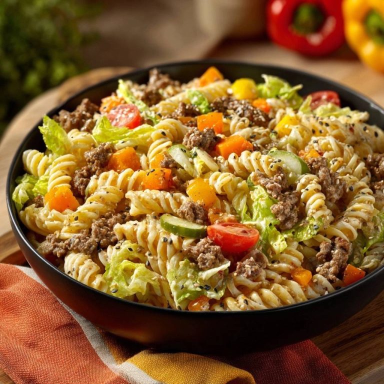 Asiatischer Hack-Nudelsalat krümelig & knackig in einer schwarzen Schüssel, nahaufnahme mit sichtbaren Nudeln, Hackfleisch und Gemüse.