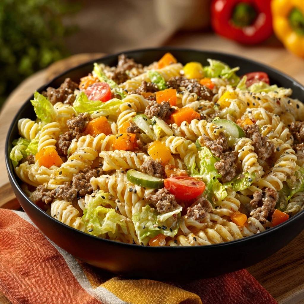 Asiatischer Hack-Nudelsalat krümelig & knackig in einer schwarzen Schüssel, nahaufnahme mit sichtbaren Nudeln, Hackfleisch und Gemüse.