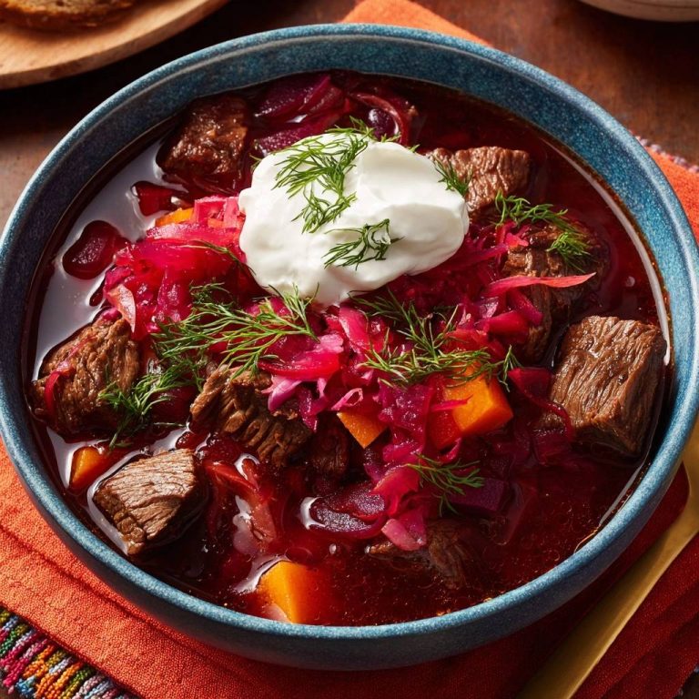 Authentischer Borschtsch mit saftigen Rindfleischstücken, serviert mit einem Löffel saurer Sahne und frischem Dill.
