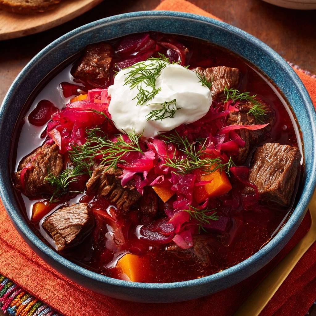 Authentischer Borschtsch mit saftigen Rindfleischstücken, serviert mit einem Löffel saurer Sahne und frischem Dill.