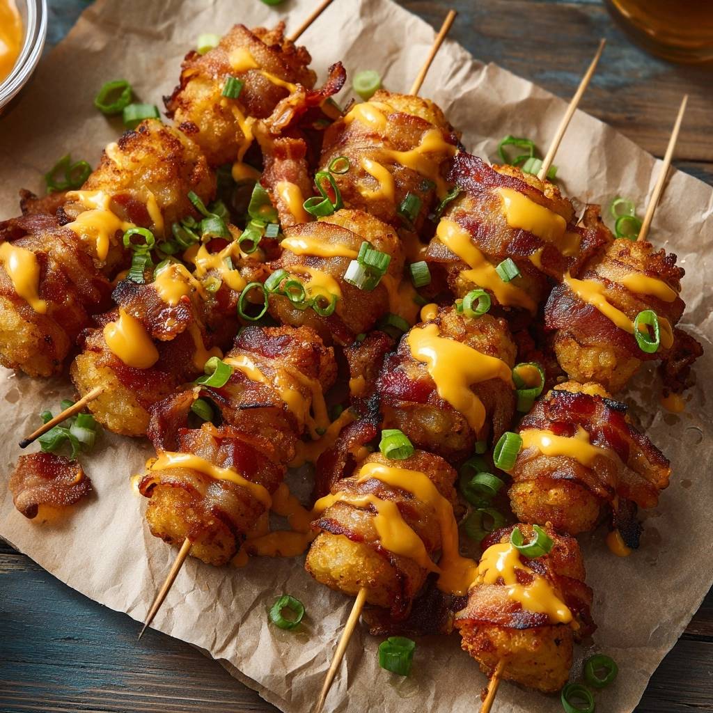 Bacon Kartoffelnugget Spiess Mit Kaesesauce Detail 1 Bacon-gewickelte Kartoffelnugget-Spieße mit Käsesauce, detailreich mit geschmolzener Käsesauce und Frühlingszwiebeln garniert.