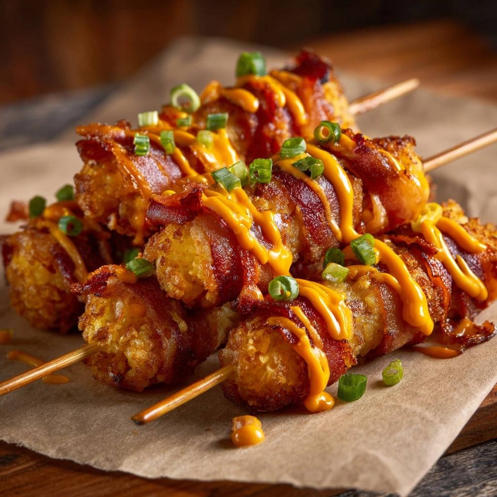 Bacon-gewickelte Kartoffelnugget-Spieße mit Käsesauce, garniert mit Schnittlauch und Käsesauce, auf Backpapier serviert.