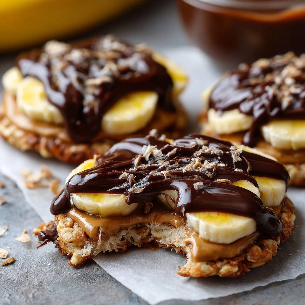 Bananen Schoko Haferriegel Angeschnitten 1 Knusprige Bananen-Schoko-Haferriegel angeschnitten, zeigt die Schichten aus Erdnussbutter, Banane und Schokoladenglasur.