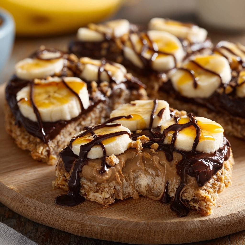 Knusprige Bananen-Schoko-Haferriegel angeschnitten auf einem Holzbrett, mit Bananenscheiben, Schokoladensauce und Erdnussbutter.