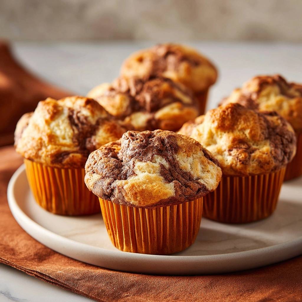 Bananen-Schoko-Marmor-Muffins, die auf einem Teller in orangen Papierförmchen mit einer Nahaufnahme der marmorierten Kruste serviert werden.