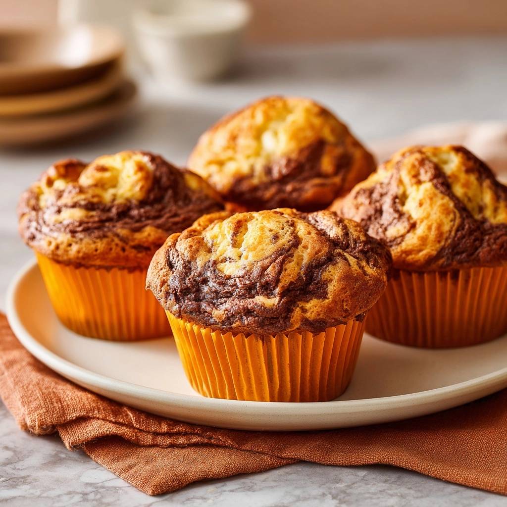 Bananen-Schoko-Marmor-Muffins auf einem Teller mit einem braunen Tuch, nahaufnahme, mit schön marmoriertem Teig.