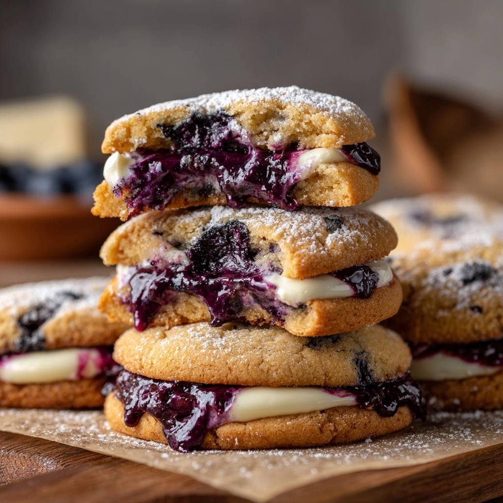 Blaubeer-Cheesecake-Cookie-Sandwiches, gestapelt und mit einer saftigen Blaubeerfüllung und Frischkäsecreme, bestäubt mit Puderzucker.