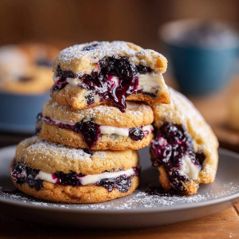 Blaubeer-Cheesecake-Cookie-Sandwiches gestapelt, mit einem saftigen Blaubeer-Füllungs-Querschnitt, der aus den Keksen tropft.