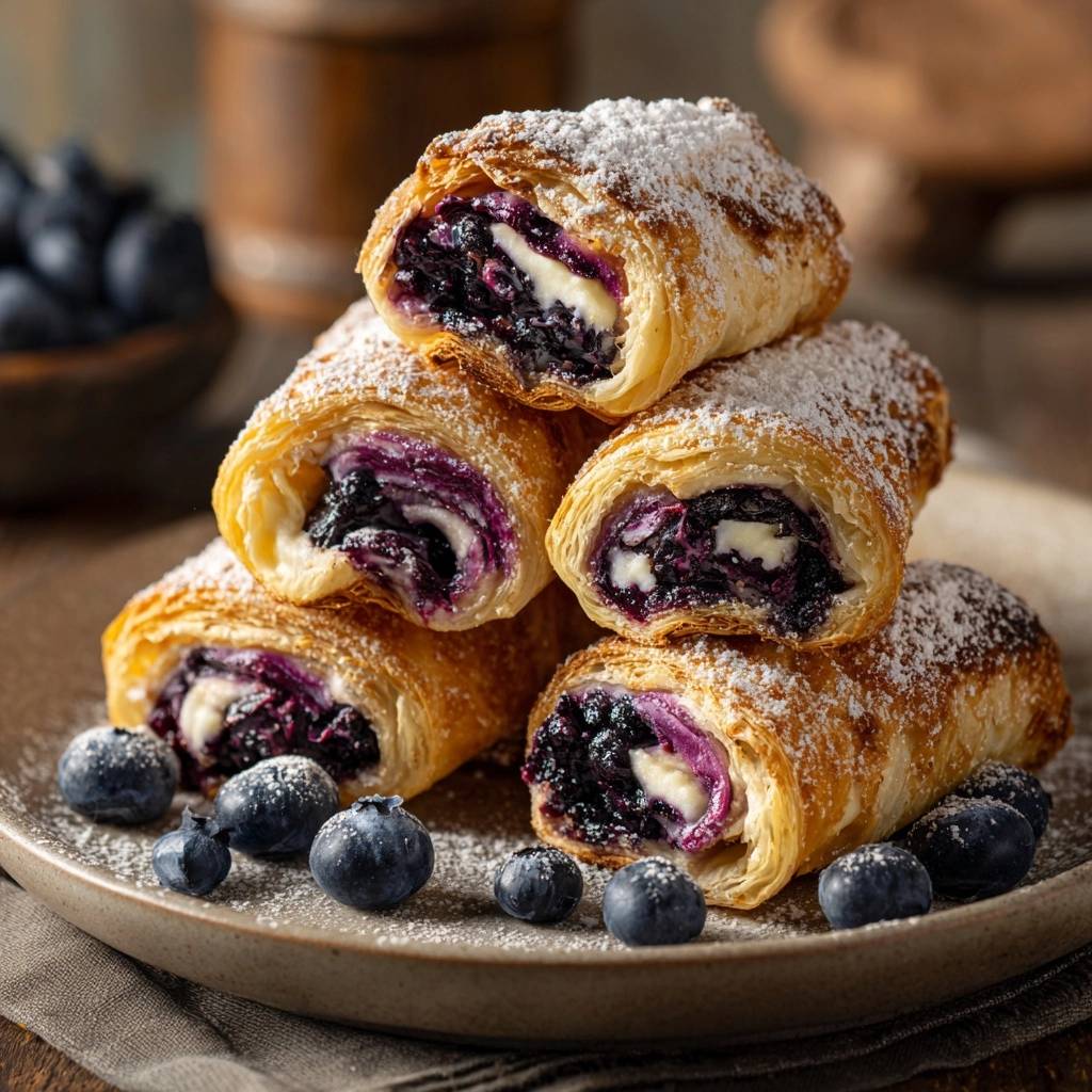 Blaubeer-Creme-Blätterteigrollen im Querschnitt, mit frischen Blaubeeren und Puderzucker bestäubt, zeigen die saftige Füllung.