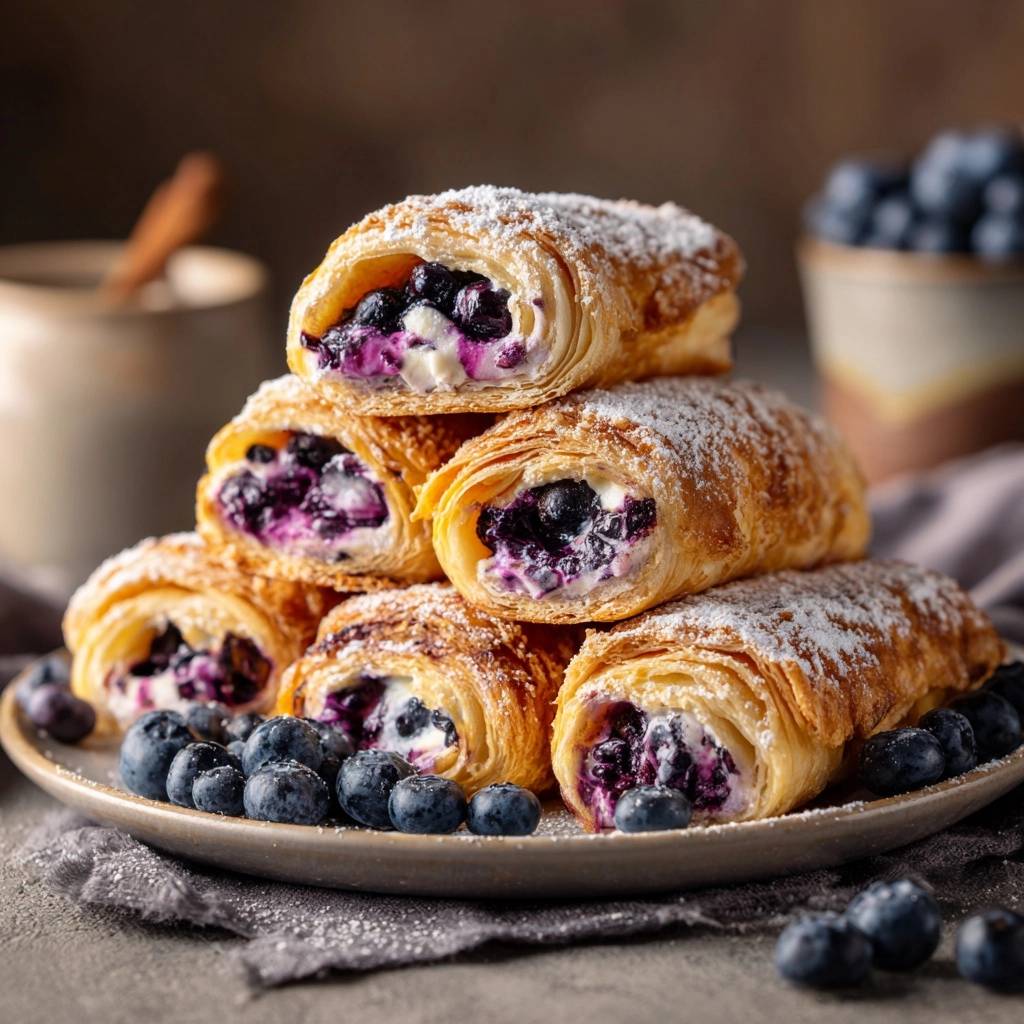 Blaubeer-Creme-Blätterteigrollen als Nahaufnahme des saftigen Inneren mit cremiger Füllung und Blaubeeren