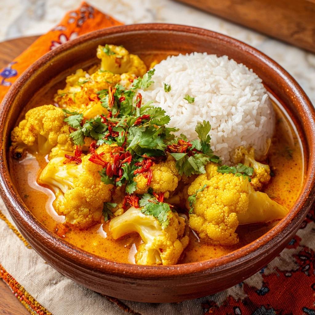 Cremiges Blumenkohl-Curry mit Reis, garniert mit frischer Petersilie und Chiliflocken, in einer braunen Schüssel serviert.