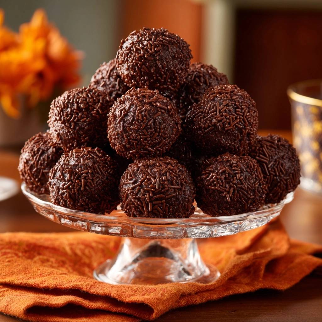 Brasilianische Schoko Brigadeiros Auf Glasplatte 1 Brasilianische Schoko-Brigadeiros auf einer Glasplatte gestapelt, umgeben von Schokostreuseln.