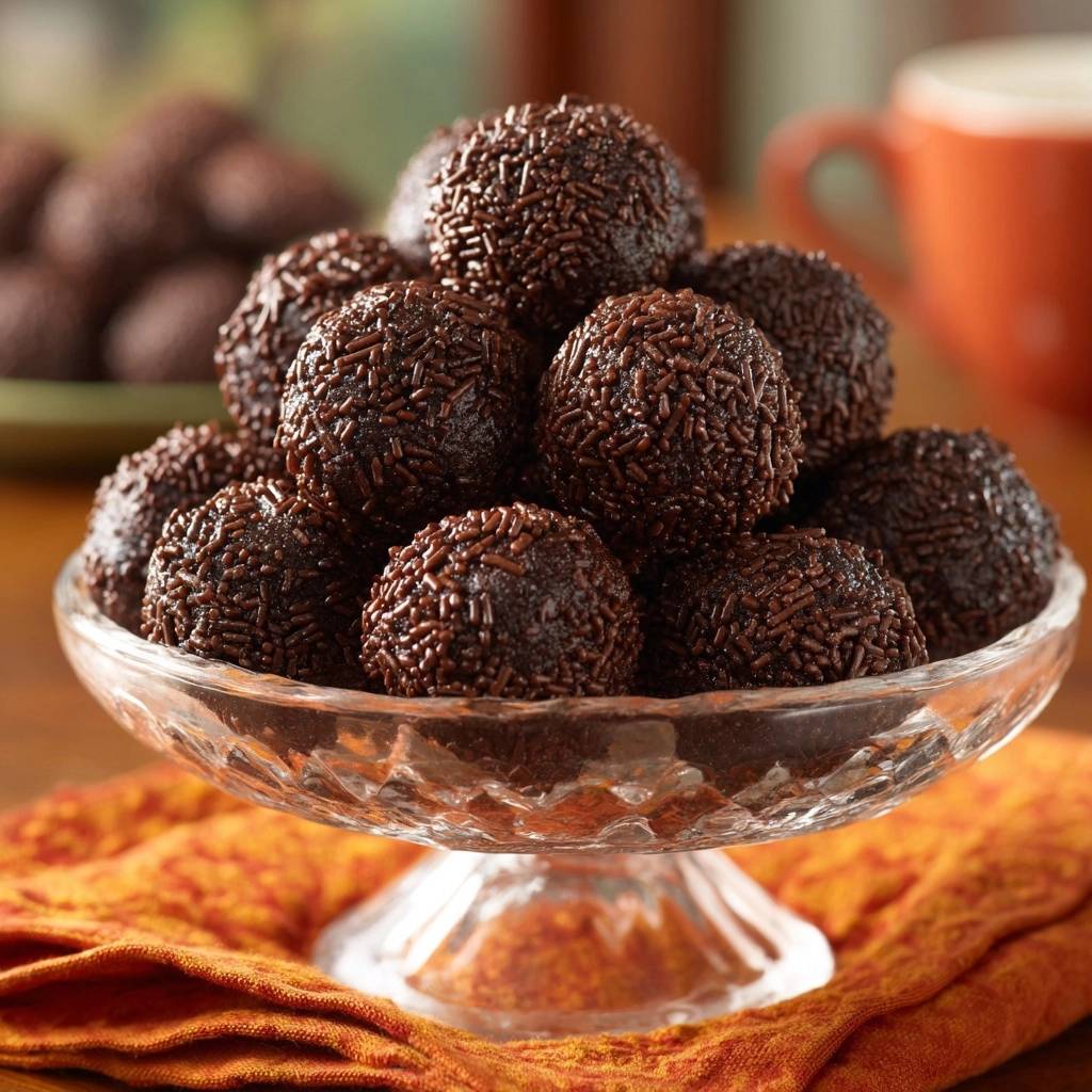 Brasilianische Schoko-Brigadeiros in einer Glasschale, bedeckt mit Schokoladenstreuseln, detailnah aufgenommen.