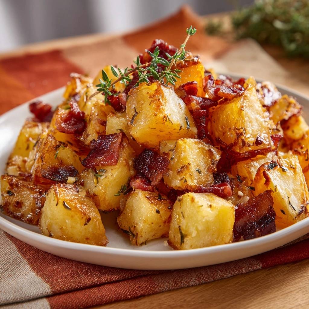 Knusprige Bratkartoffeln mit Bacon und Thymian als Nahaufnahme auf einem Teller garniert
