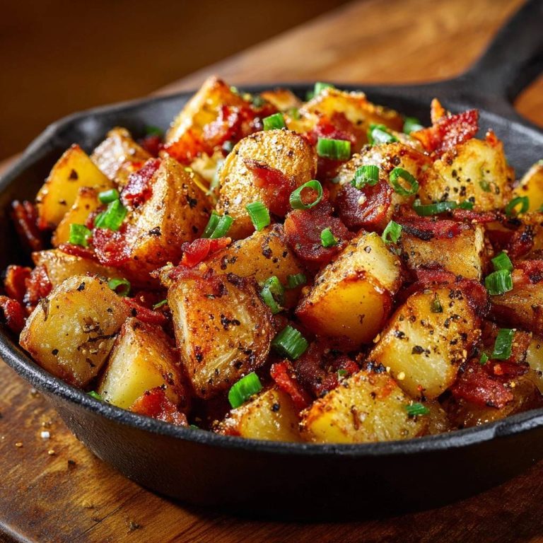 Knusprige Bratkartoffeln mit Räuchertofu und Frühlingszwiebeln in einer Pfanne mit Nahaufnahme der Textur