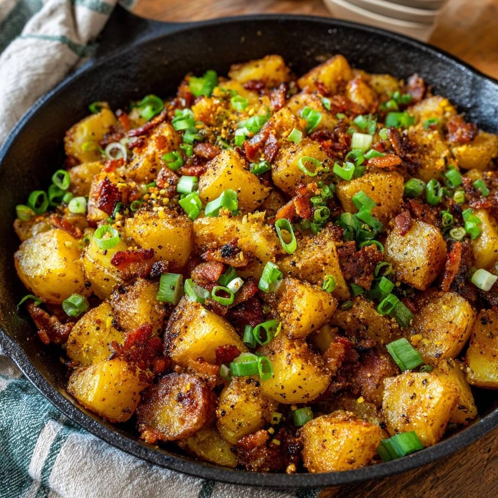 Bratkartoffeln Rauchertofu Fruehlingszwiebeln Detail Garnitu 1 Knusprige Bratkartoffeln mit Räuchertofu und Frühlingszwiebeln, nahaufnahme der würzigen Garnitur mit Speck und Kräutern.