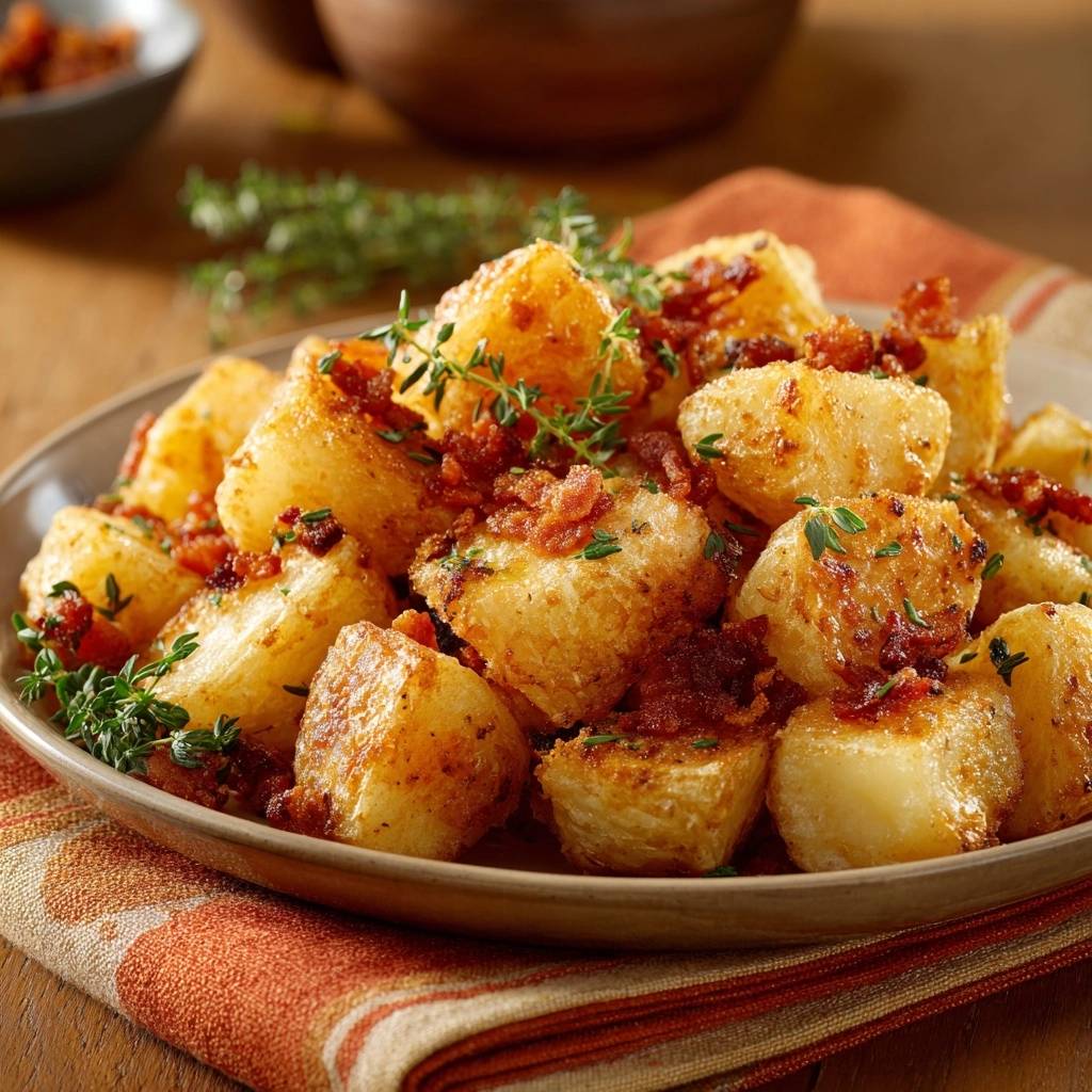 Knusprige Bratkartoffeln mit Speck und Thymian garniert mit frischen Kräutern auf einem Teller