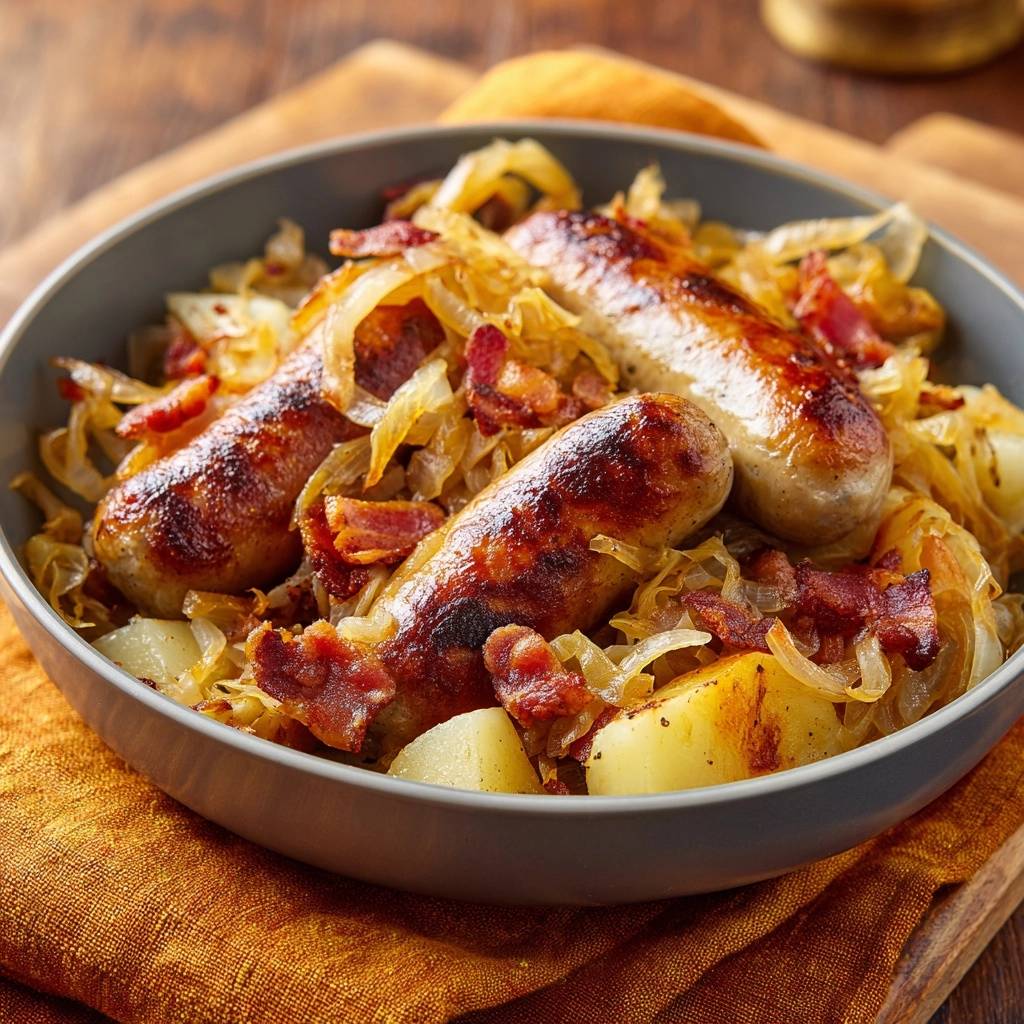 Bratwürste mit knusprigen Bacon-Kartoffeln und Sauerkraut als Nahaufnahme in einer Schüssel mit dampfenden Zwiebeln.