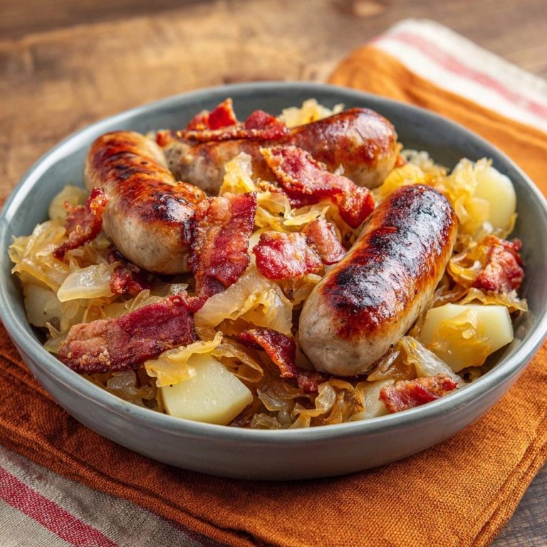 Bratwürste mit knusprigen Bacon-Kartoffeln und Sauerkraut in einer Schüssel, Nahaufnahme des appetitlichen Gerichts.