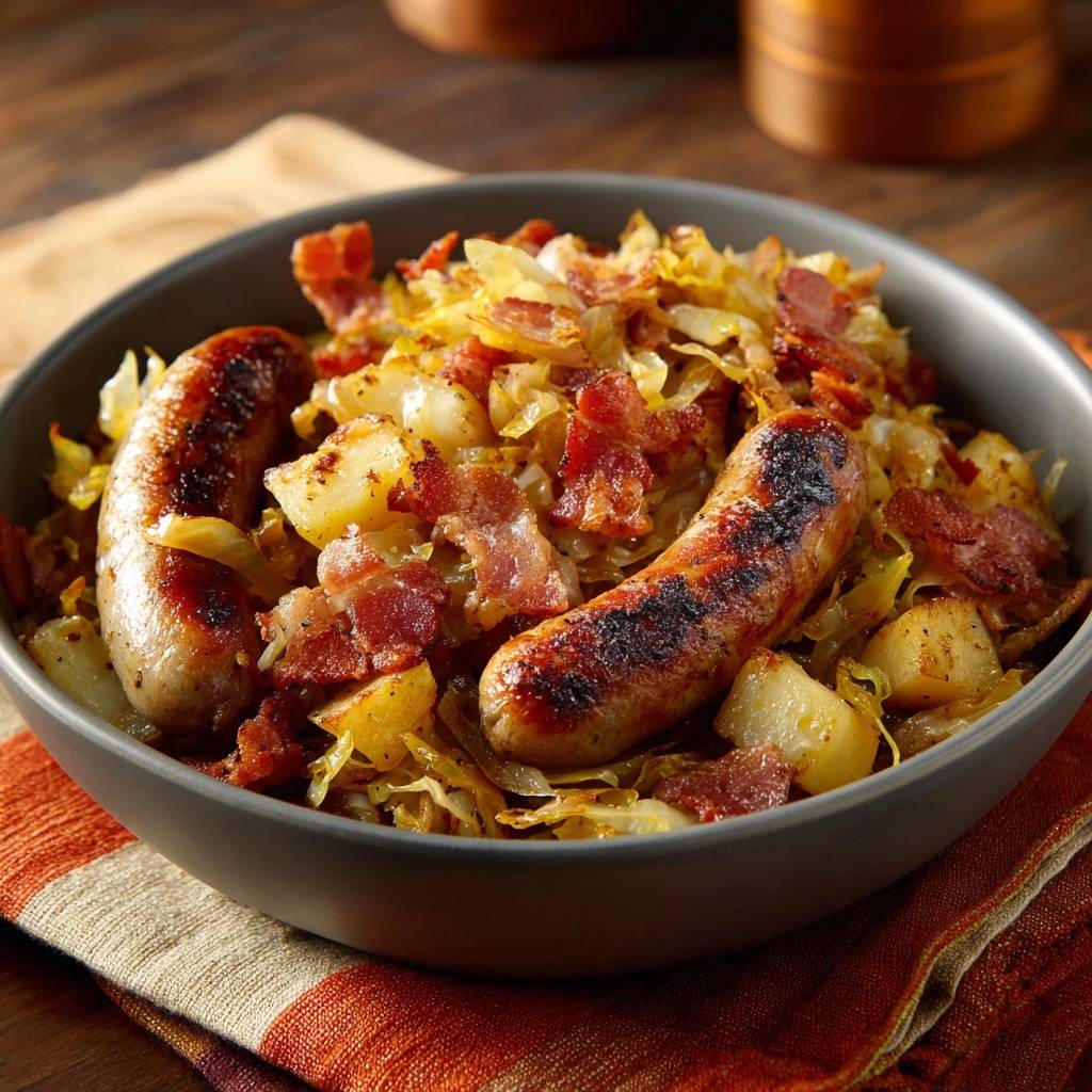 Bratwurst Pfanne Mit Kartoffeln Nahaufnahme 1 Knusprige Bratwurst-Pfanne mit Babykartoffeln, Bacon und Weißkohl, nahaufnahme der gebratenen Würste und des Gemüses in einer Schüssel.