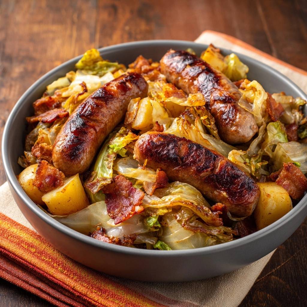 Knusprige Bratwurst-Pfanne mit Babykartoffeln, Bacon und Weißkohl, serviert in einer Schüssel mit Nahaufnahme der gebratenen Zutaten.