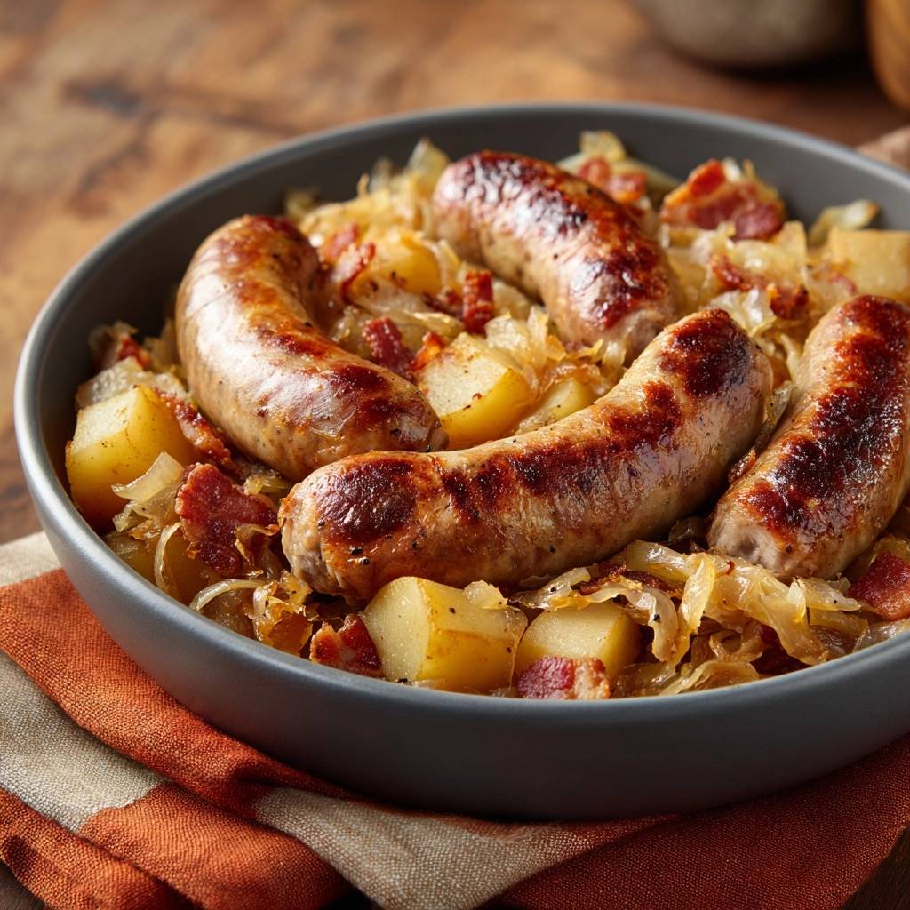 Bratwurst Pfanne Mit Kraut Kartoffeln Und Speck Nahaufnahme 1 Bratwurst-Pfanne mit Kraut, Kartoffeln und Speck, eine Nahaufnahme des herzhaften Gerichts in einer grauen Schüssel.