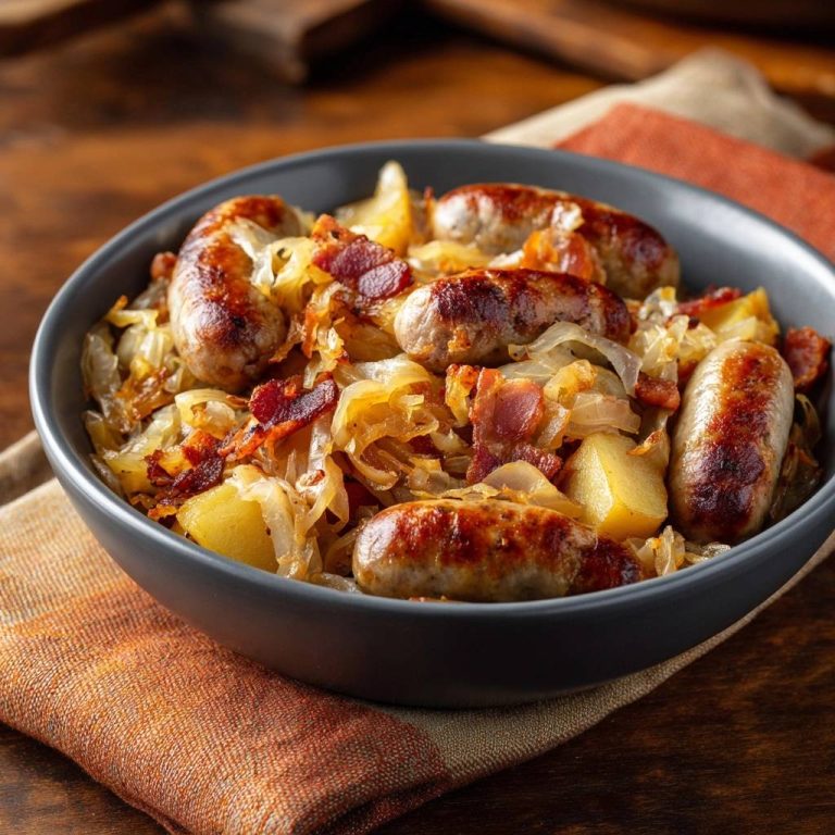Bratwurst-Pfanne mit Kraut, Kartoffeln und Speck als Nahaufnahme in einer grauen Schüssel auf einem Holztisch.