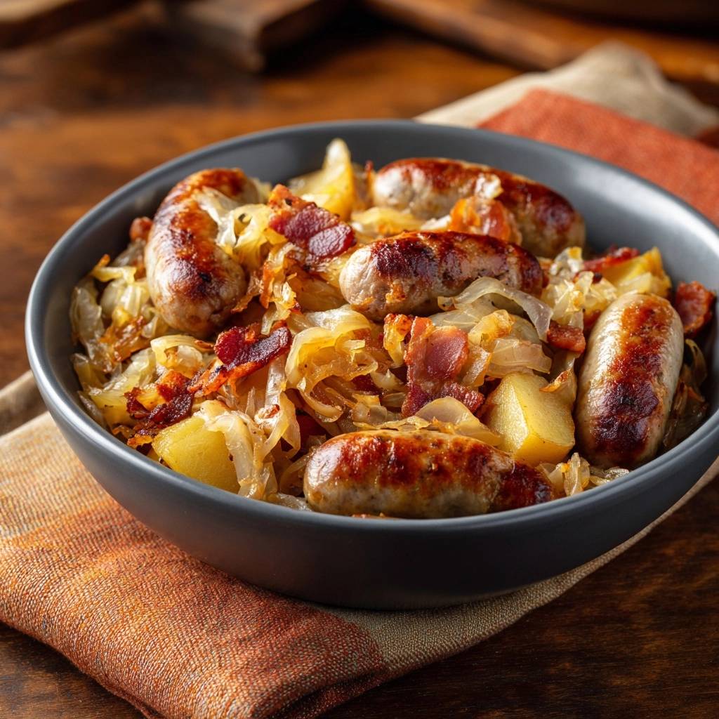 Bratwurst-Pfanne mit Kraut, Kartoffeln und Speck als Nahaufnahme in einer grauen Schüssel auf einem Holztisch.