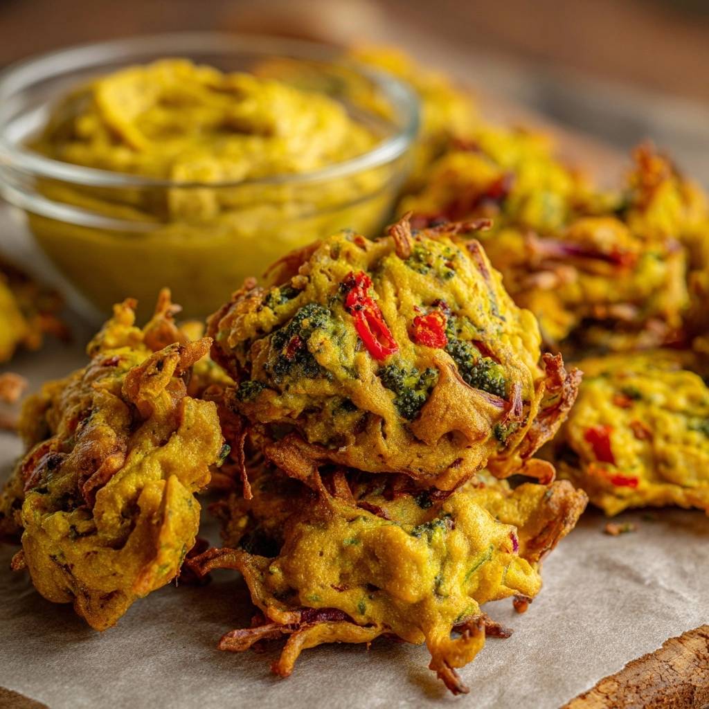 Knusprige Brokkoli-Pakoras mit einem Dip in einer Schüssel, Nahaufnahme der goldbraunen frittierten Snacks.