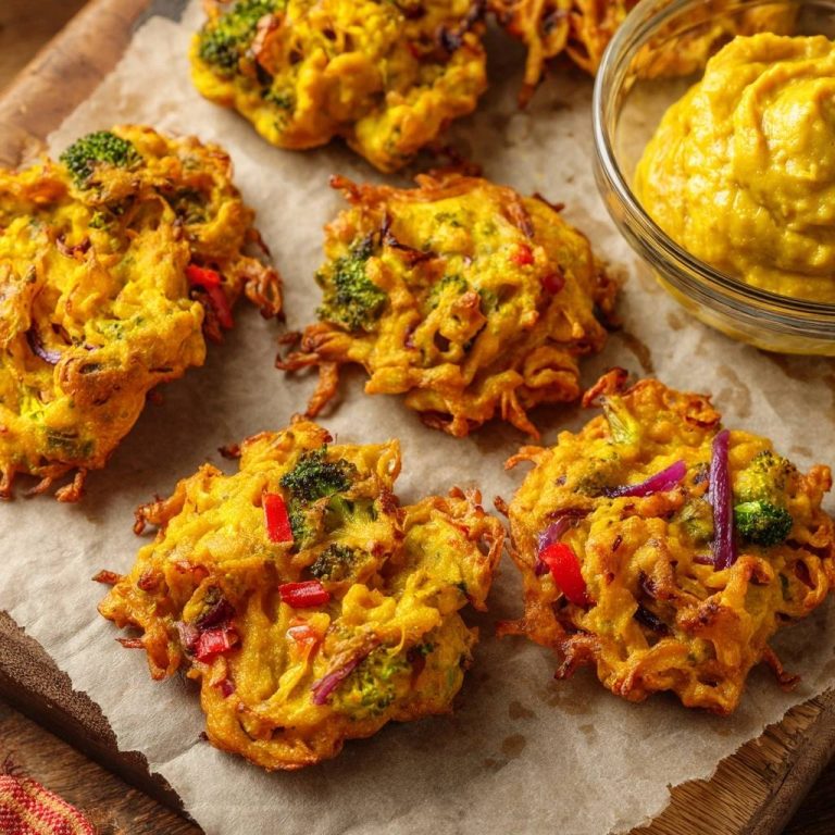 Knusprige Brokkoli-Pakoras mit roten Paprikastücken und Brokkoliröschen, nahaufnahme mit Dip in einer Schüssel daneben