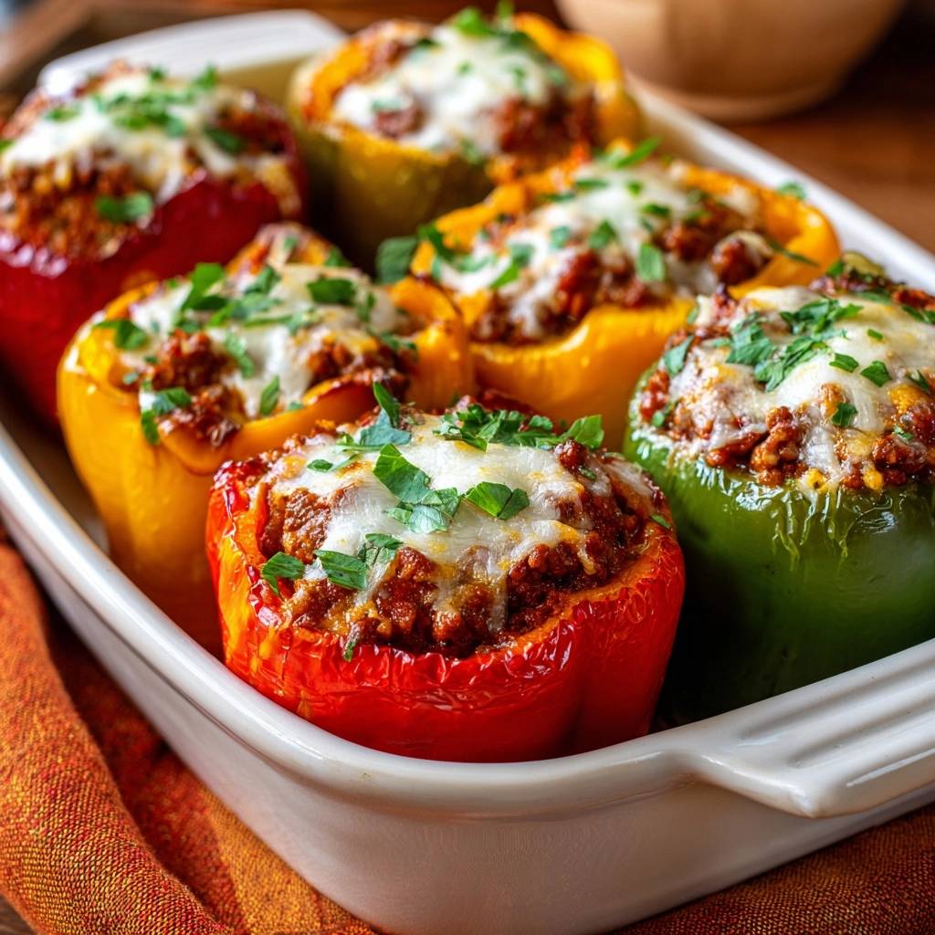 Bunte Gefuellte Paprika Detail Garniert 1 Bunte gefüllte Paprika, frisch aus dem Ofen und mit Petersilie garniert, nahaufnahme der obersten Schicht