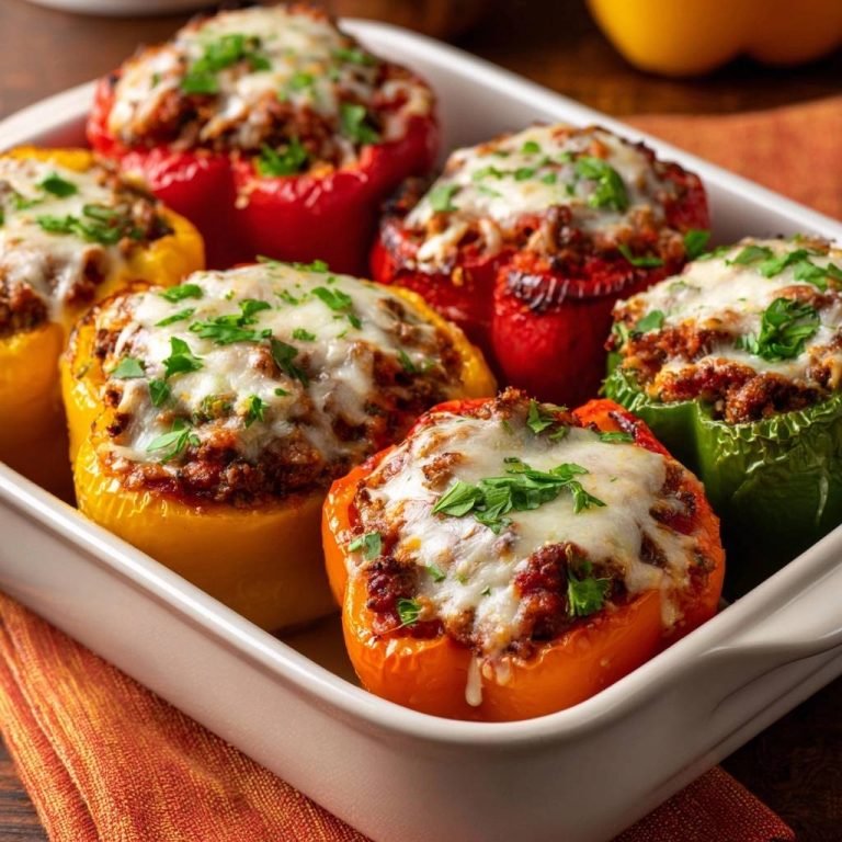 Bunte gefüllte Paprika im Backblech, von vorne mit geschmolzenem Käse und Petersilie garniert