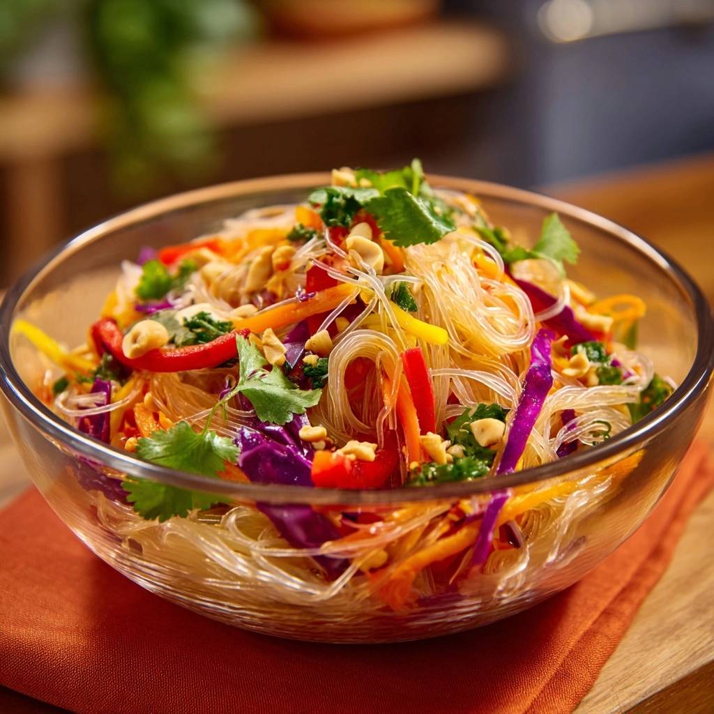 Bunter asiatischer Glasnudelsalat in einer Glasschüssel, nahaufnahme der Nudeln und des bunten Gemüses mit Erdnüssen.