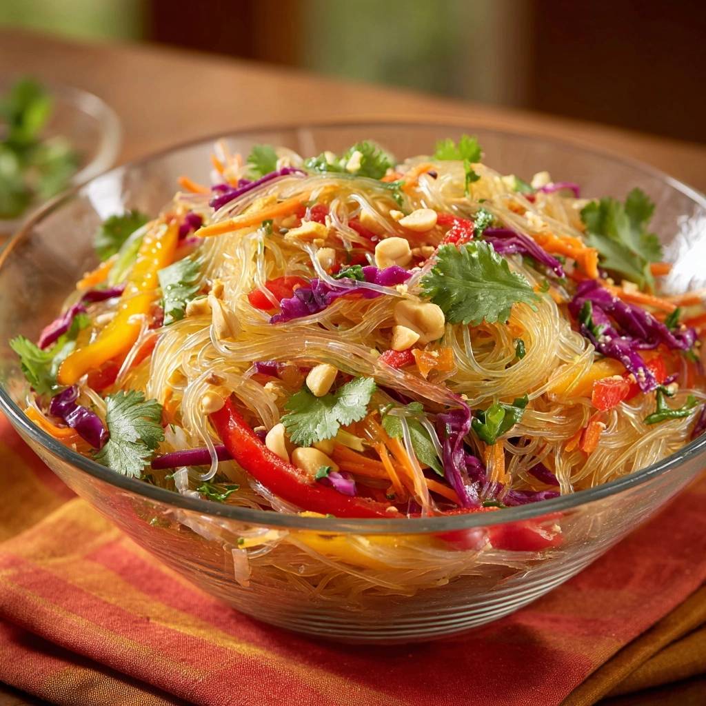Bunter asiatischer Glasnudelsalat mit Gemüse und Erdnüssen in einer Glasschüssel, Nahaufnahme mit Fokus auf die Textur.