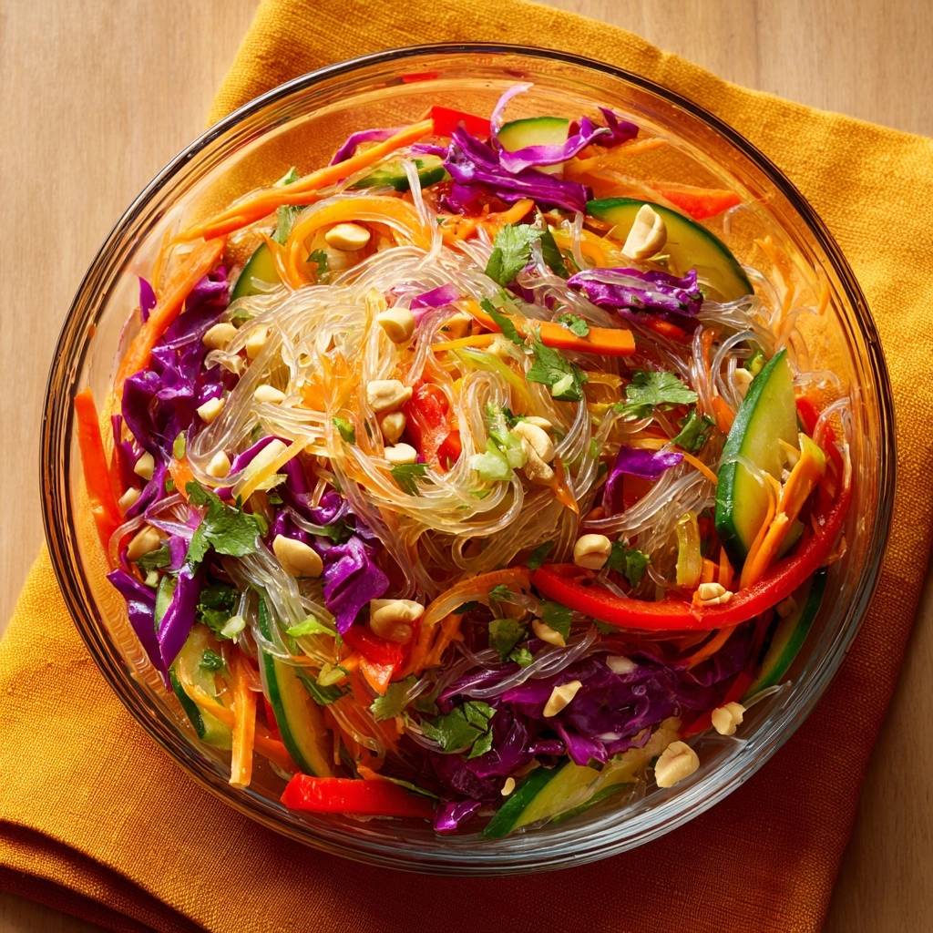 Bunter Glasnudelsalat in einer Schüssel von oben fotografiert, mit vielen bunten Gemüsen und Erdnüssen garniert.