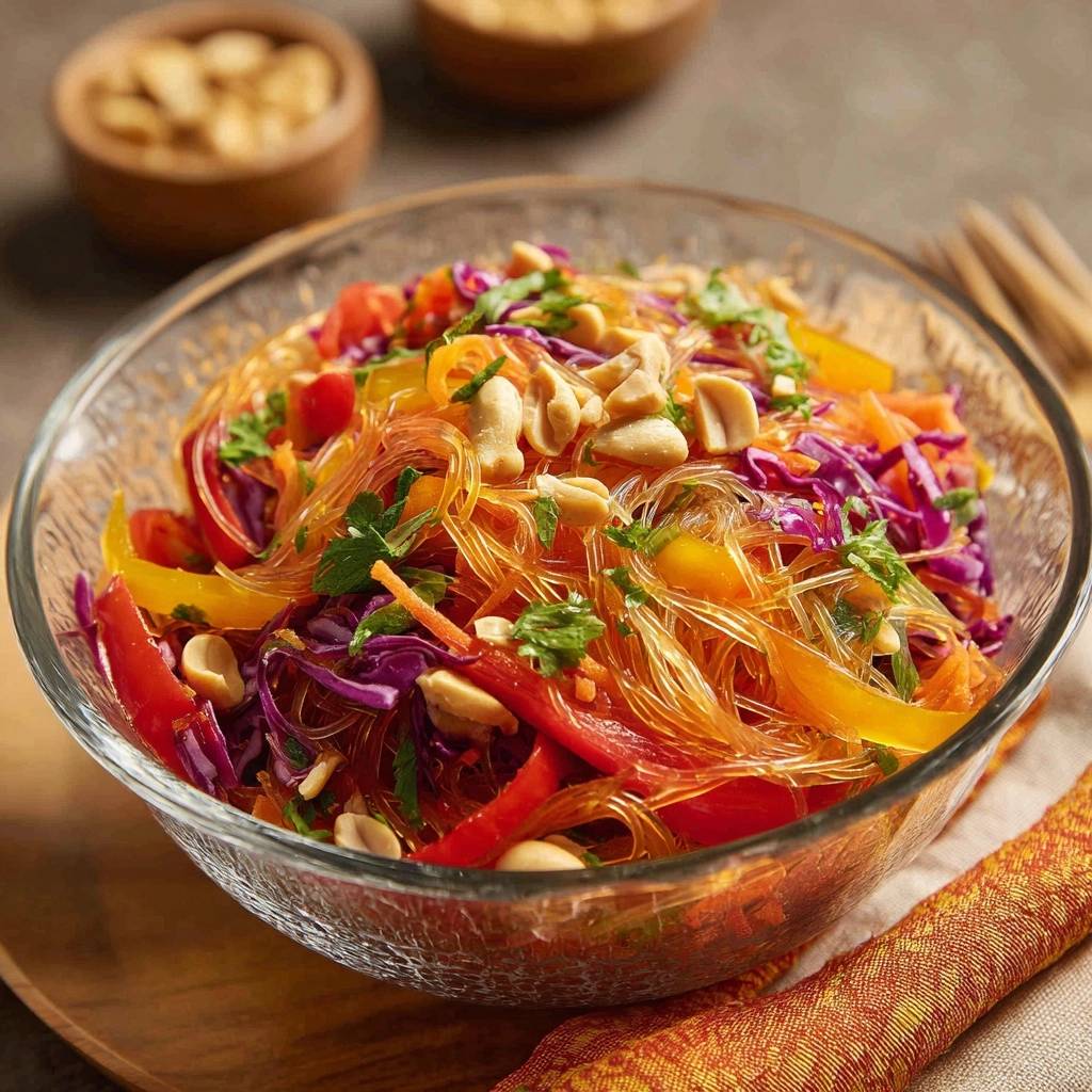 Bunter Glasnudelsalat mit Erdnüssen in einer Glasschüssel mit frischen Zutaten und Garnitur, Nahaufnahme.