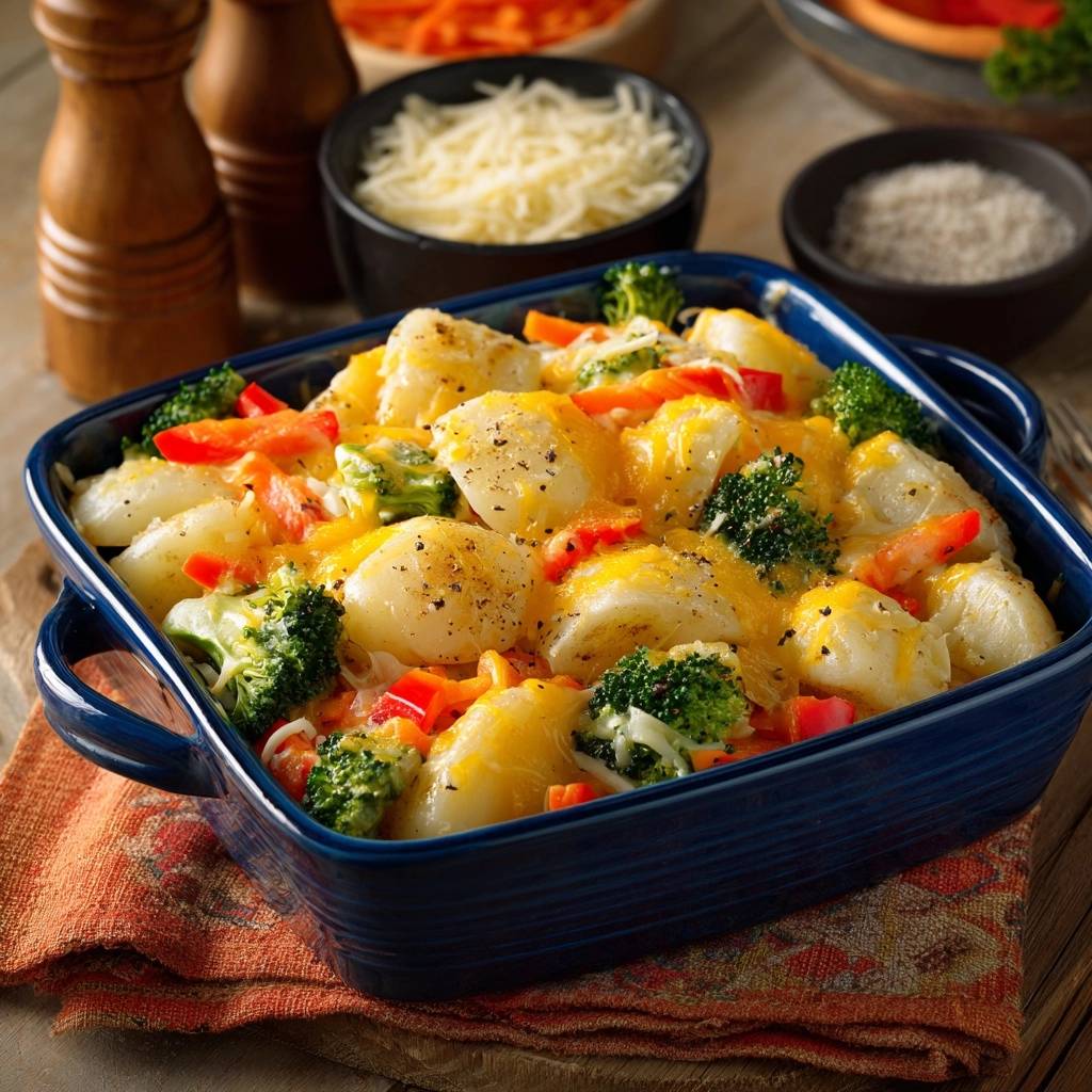 Bunter Kartoffel-Brokkoli-Paprika-Auflauf, serviert in einer blauen Auflaufform mit geschmolzenem Käse und Gewürzen.