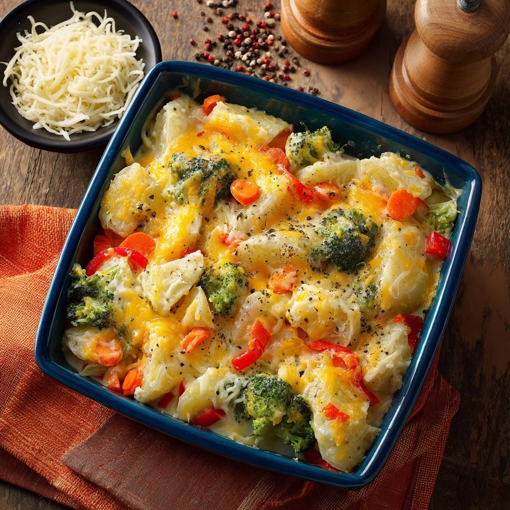 Bunter Kartoffel-Brokkoli-Paprika-Auflauf mit geschmolzenem Käse und Gewürzen, nah aufgenommen in einer blauen Auflaufform.