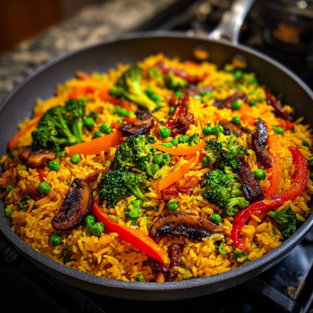 Bunter Rindfleisch-Fried-Rice in einer Pfanne mit Brokkoli, Karotten und Pilzen, nahaufnahme des Gerichts.