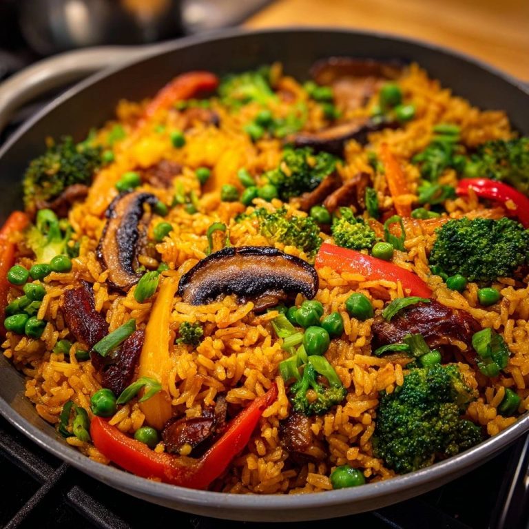 Bunter Rindfleisch-Fried-Rice mit viel Gemüse, nah aufgenommen aus der Vogelperspektive in einer Pfanne.