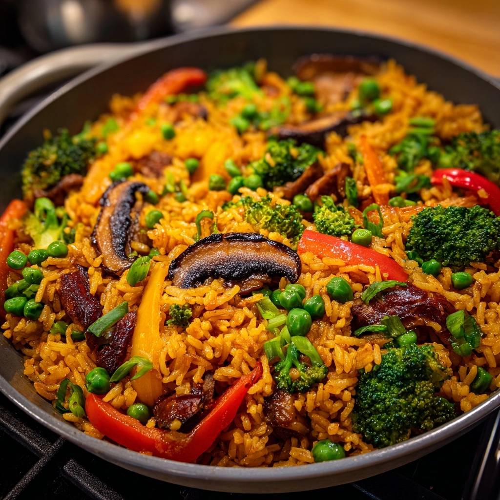 Bunter Rindfleisch-Fried-Rice mit viel Gemüse, nah aufgenommen aus der Vogelperspektive in einer Pfanne.