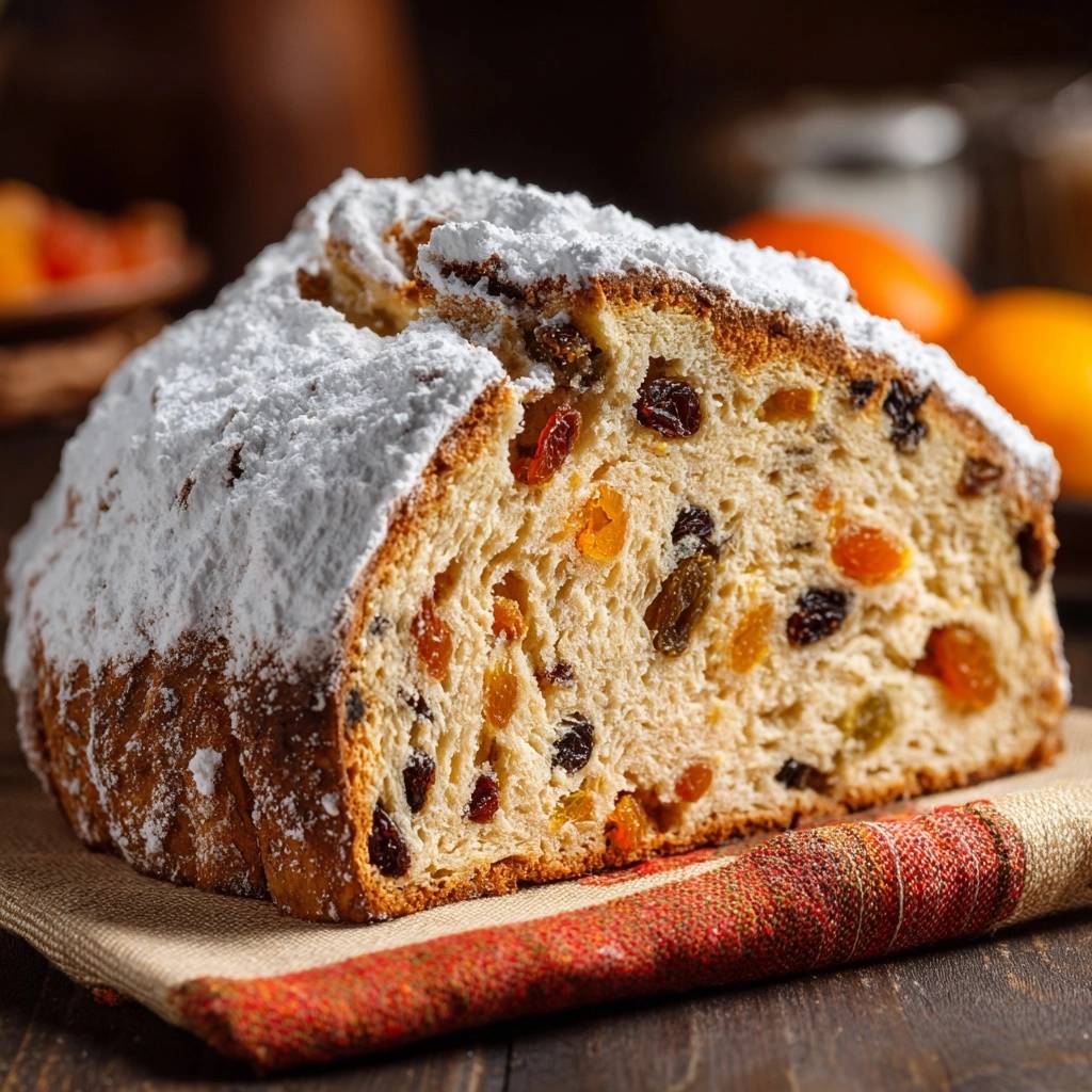 Perfekter Christstollen angeschnitten, mit Puderzucker bestäubt und sichtbaren Trockenfrüchten im Inneren.