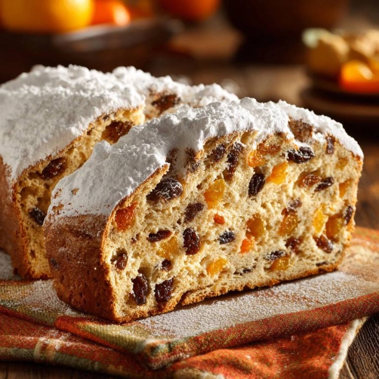Perfekter Christstollen angeschnitten mit Puderzucker und sichtbaren Trockenfrüchten, ein süßes Weihnachtsgebäck.