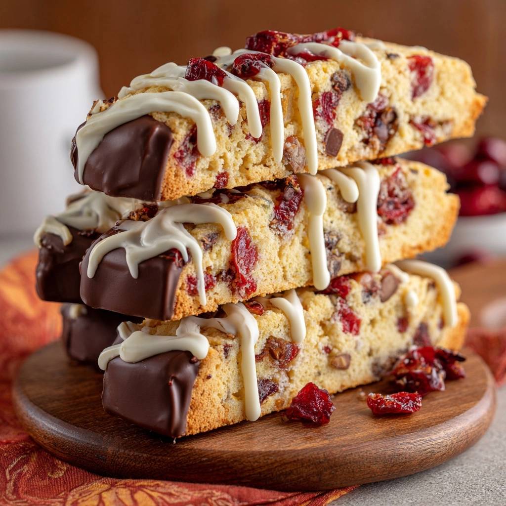 Cranberry Ananas Nuss Biscotti Detail Gestapelt 1 Knusprige Cranberry-Ananas-Nuss-Biscotti gestapelt auf einem Holzbrett, mit Schokoladenglasur und weißer Glasur verziert.